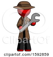 Red Detective Man Holding Large Wrench With Both Hands