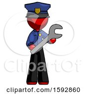 Red Police Man Holding Large Wrench With Both Hands