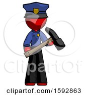 Red Police Man Holding Hammer Ready To Work