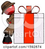 Poster, Art Print Of Red Detective Man Gift Concept - Leaning Against Large Present