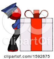 Poster, Art Print Of Red Police Man Gift Concept - Leaning Against Large Present