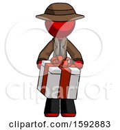 Poster, Art Print Of Red Detective Man Gifting Present With Large Bow Front View