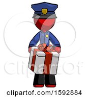 Poster, Art Print Of Red Police Man Gifting Present With Large Bow Front View