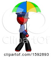 Poster, Art Print Of Red Police Man Walking With Colored Umbrella