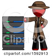 Poster, Art Print Of Red Detective Man With Server Rack Leaning Confidently Against It