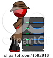 Red Detective Man Resting Against Server Rack