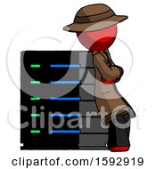 Poster, Art Print Of Red Detective Man Resting Against Server Rack Viewed At Angle