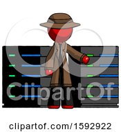 Poster, Art Print Of Red Detective Man With Server Racks In Front Of Two Networked Systems