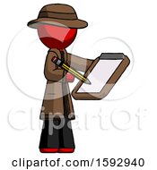 Red Detective Man Using Clipboard And Pencil