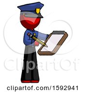Red Police Man Using Clipboard And Pencil