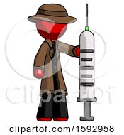 Red Detective Man Holding Large Syringe