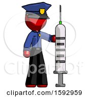 Red Police Man Holding Large Syringe