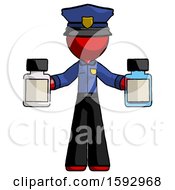 Red Police Man Holding Two Medicine Bottles