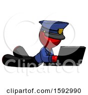 Poster, Art Print Of Red Police Man Using Laptop Computer While Lying On Floor Side Angled View