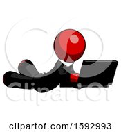 Poster, Art Print Of Red Clergy Man Using Laptop Computer While Lying On Floor Side Angled View