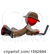 Red Detective Man Using Laptop Computer While Lying On Floor Side View