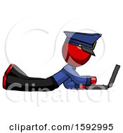 Poster, Art Print Of Red Police Man Using Laptop Computer While Lying On Floor Side View