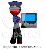 Poster, Art Print Of Red Police Man Holding Laptop Computer Presenting Something On Screen