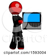 Red Clergy Man Holding Laptop Computer Presenting Something On Screen