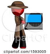 Poster, Art Print Of Red Detective Man Holding Laptop Computer Presenting Something On Screen
