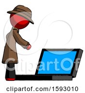 Red Detective Man Using Large Laptop Computer Side Orthographic View