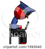 Poster, Art Print Of Red Police Man Using Laptop Computer While Sitting In Chair View From Side