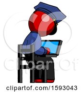 Poster, Art Print Of Red Police Man Using Laptop Computer While Sitting In Chair View From Back