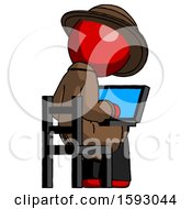 Poster, Art Print Of Red Detective Man Using Laptop Computer While Sitting In Chair View From Back