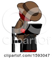 Poster, Art Print Of Red Detective Man Using Laptop Computer While Sitting In Chair Angled Right