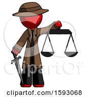Poster, Art Print Of Red Detective Man Justice Concept With Scales And Sword Justicia Derived