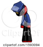 Poster, Art Print Of Red Police Man Depressed With Head Down Turned Left
