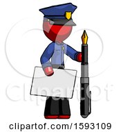 Poster, Art Print Of Red Police Man Holding Large Envelope And Calligraphy Pen