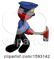 Red Police Man With Ax Hitting Striking Or Chopping