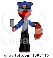 Poster, Art Print Of Red Police Man Holding Large Steak With Butcher Knife