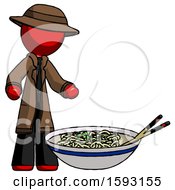 Poster, Art Print Of Red Detective Man And Noodle Bowl Giant Soup Restaraunt Concept
