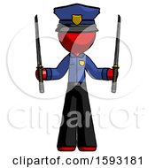 Red Police Man Posing With Two Ninja Sword Katanas Up