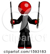 Red Clergy Man Posing With Two Ninja Sword Katanas Up