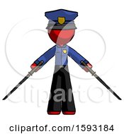 Red Police Man Posing With Two Ninja Sword Katanas