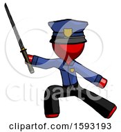 Red Police Man With Ninja Sword Katana In Defense Pose