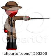Red Detective Man Standing With Ninja Sword Katana Pointing Right