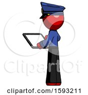 Poster, Art Print Of Red Police Man Looking At Tablet Device Computer With Back To Viewer