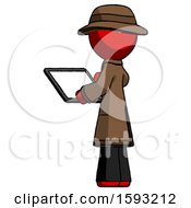Poster, Art Print Of Red Detective Man Looking At Tablet Device Computer With Back To Viewer
