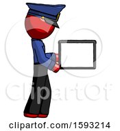 Poster, Art Print Of Red Police Man Show Tablet Device Computer To Viewer Blank Area