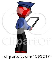 Poster, Art Print Of Red Police Man Looking At Tablet Device Computer Facing Away