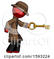 Red Detective Man With Big Key Of Gold Opening Something