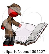 Red Detective Man Reading Big Book While Standing Beside It