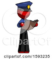 Red Police Man Reading Book While Standing Up Facing Away