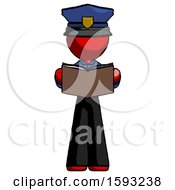 Poster, Art Print Of Red Police Man Reading Book While Standing Up Facing Viewer