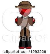 Poster, Art Print Of Red Detective Man Reading Book While Standing Up Facing Viewer