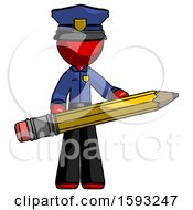 Red Police Man Writer Or Blogger Holding Large Pencil